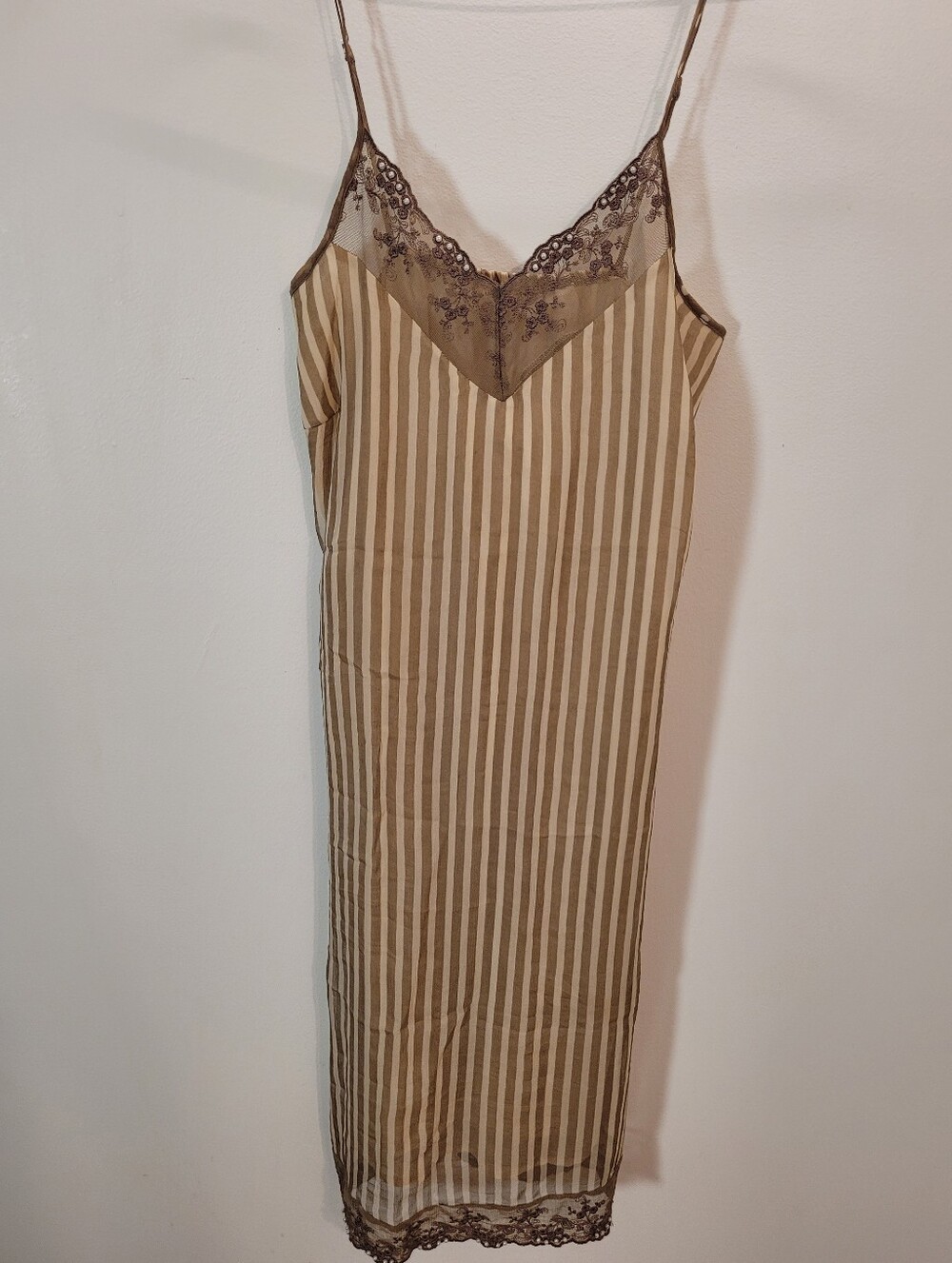Vintage Brown Cream Striped Pearl Embellished Lace Trim Silk Slip Chemise - Xs